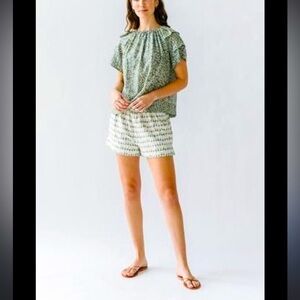 MIRTH Green white high waisted embroidered shorts cotton classic spring boho S